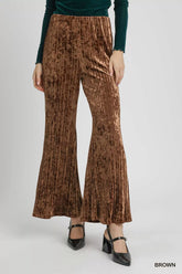 Umgee Velvet Pleated Wide Leg Pants Brown OutfitFlow